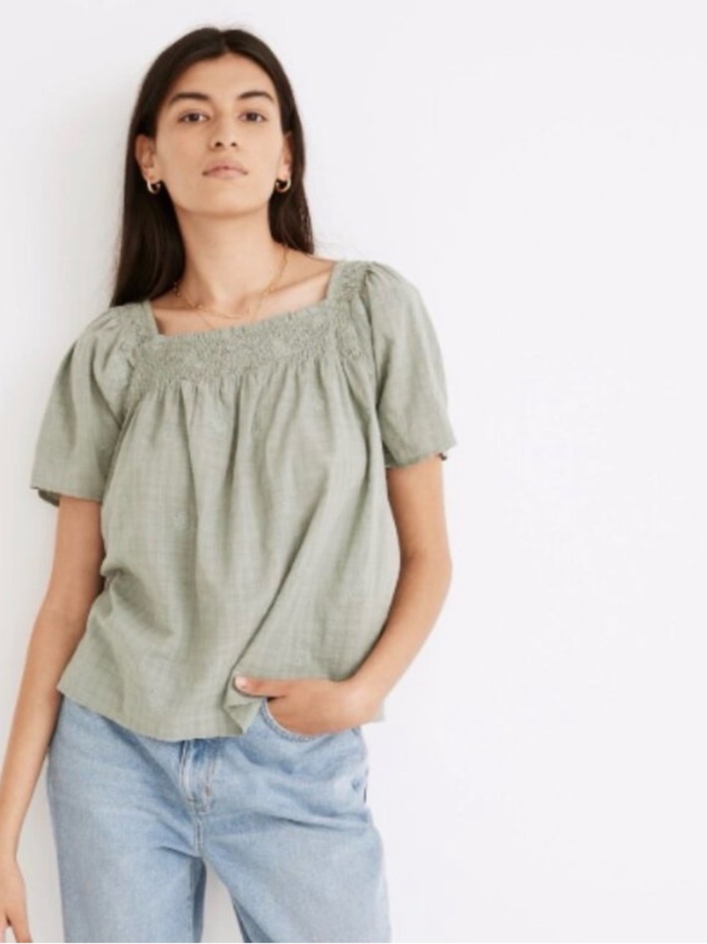 Madewell Smocked Square-Neck Top in Sage